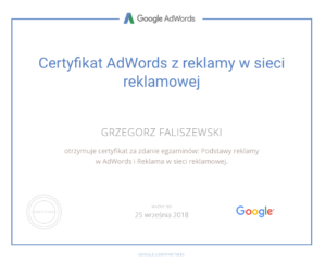 certyfikat adwords z reklamy w sieci reklamowej grzegorz faliszewski